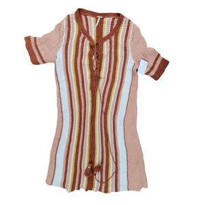 Free People Lollipop Sunset Combo Orange Tie Front Mini Knit Dress Small